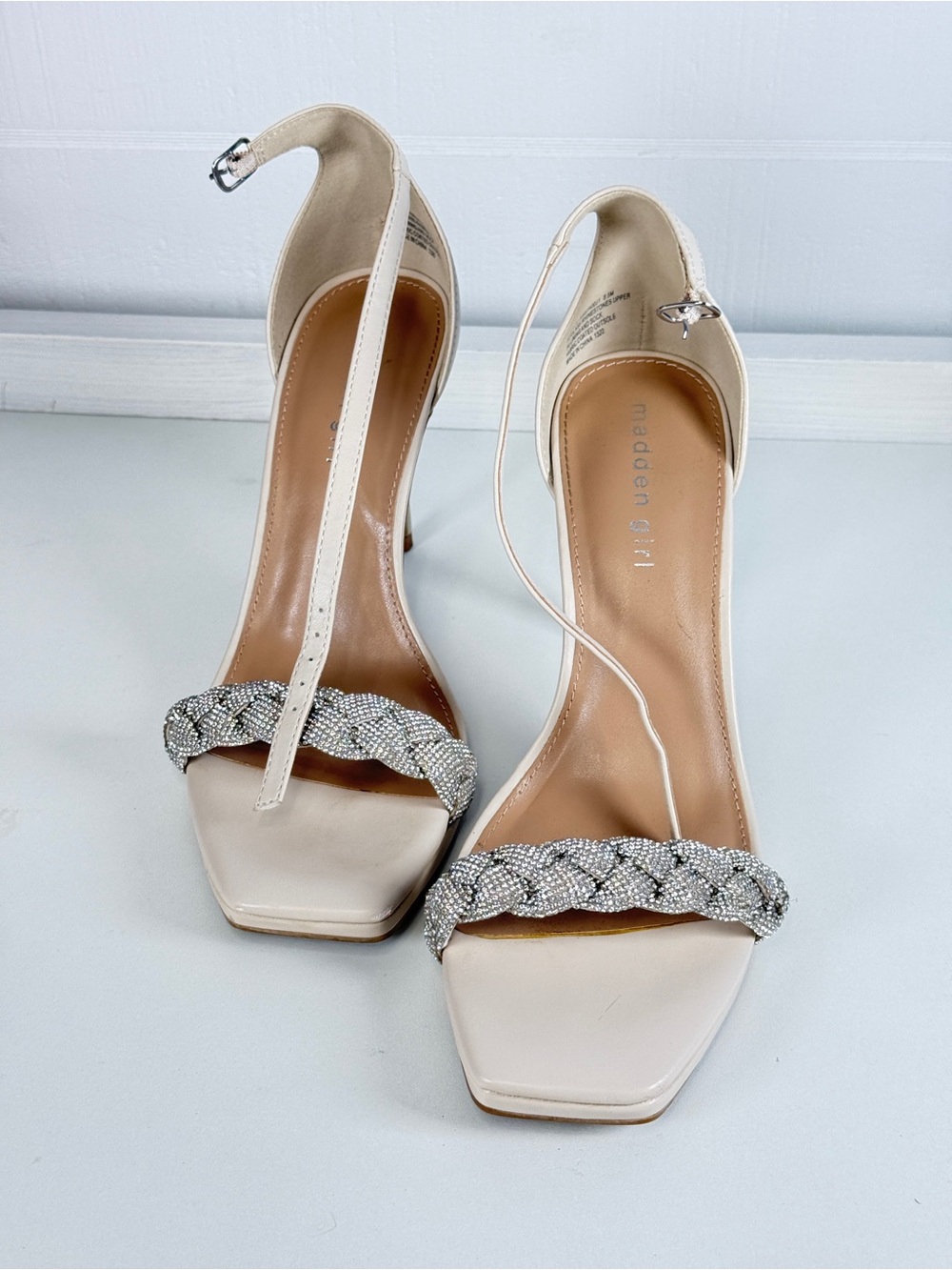 Madden Girl Cream Braided Crystal Ankle-Strap Heels